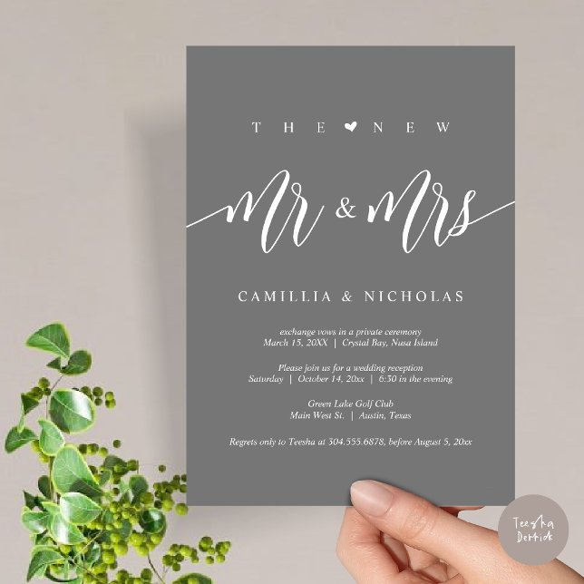The New Mr and Mrs, Wedding Elopement Party Invitation (The New Mr and Mrs, Modern Wedding Elopement Party Invitation Card, PDF, in Dark Grey)