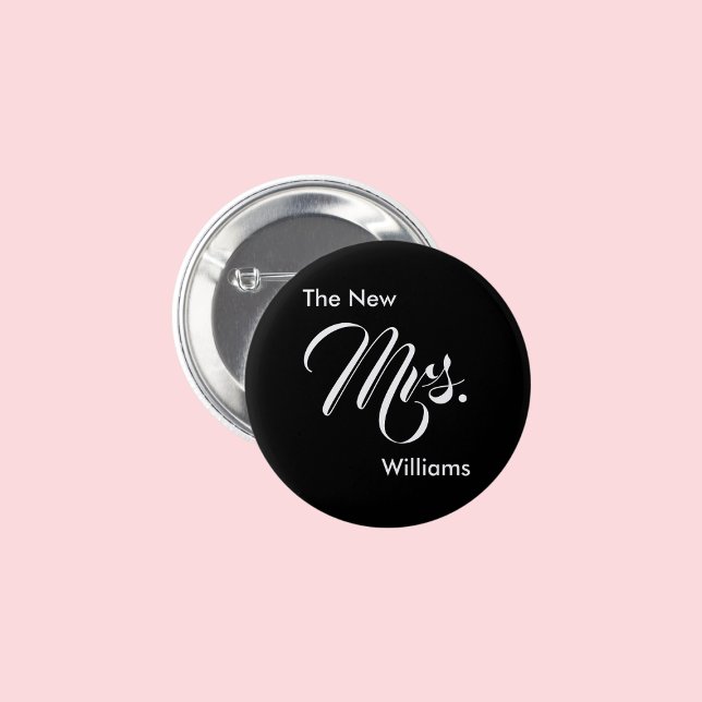 The New Mrs. Black and White Script Text Template 2 Inch Round Button (Creator Uploaded)
