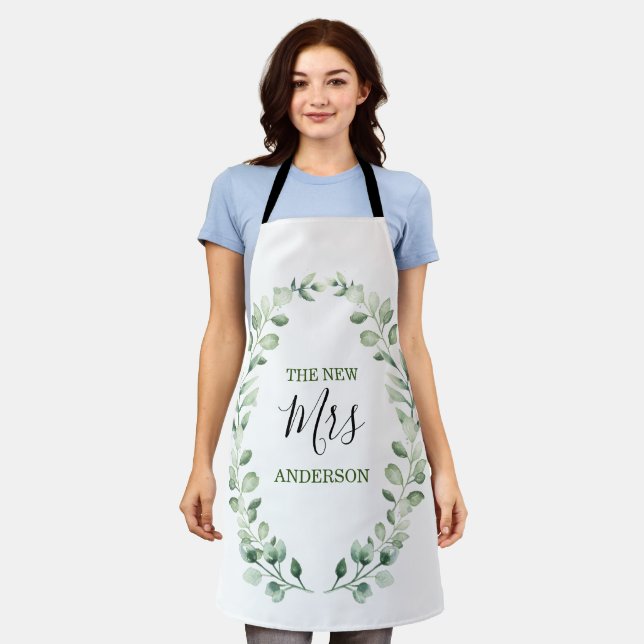 The New Mrs Greenery Wreath Personalized Wedding Apron (Worn)