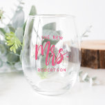 The New Mrs Personalized Bride Stemless Wine Glass<br><div class="desc">Show off your new last name with our super cute personalized stemless wine glass! Design features "the new  mrs. [lastname]" in pink handwritten script typography. Easily customize using the template field provided. Makes a great gift for a newlywed or recent bride.</div>