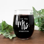 The New Mrs Personalized Bride Stemless Wine Glass<br><div class="desc">Show off your new last name with our super cute personalized stemless wine glass! Design features "the new  mrs. [lastname]" in white handwritten script typography. Easily customize using the template field provided. Makes a great gift for a newlywed or recent bride.</div>