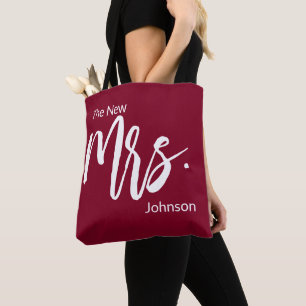 The New Mrs. Script Burgundy & White Last Name Tote Bag