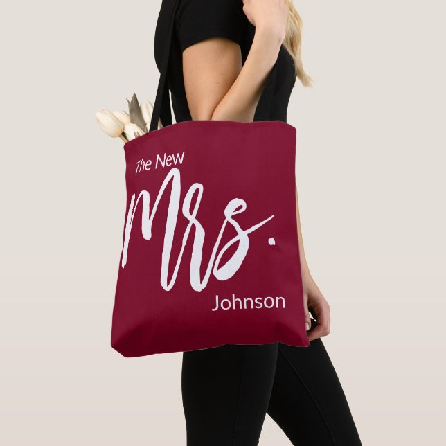 The New Mrs. Script Burgundy & White Last Name Tote Bag (Close Up)