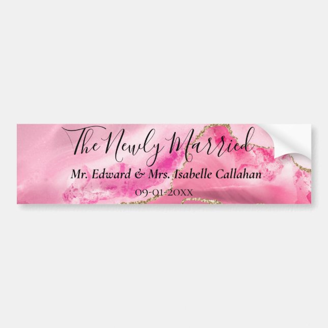 "The Newly Married" "Mr. & Mrs." Pink Agate Stone Bumper Sticker (Front)