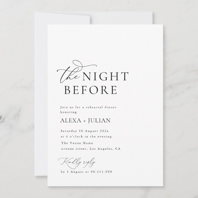 The Night Before Black And White wedding rehearsal Invitation (Front)