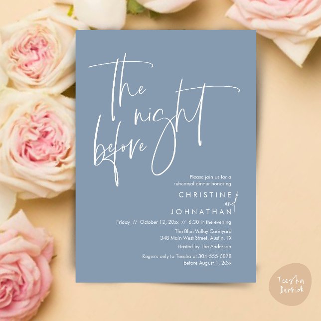 The night before, Casual Wedding Rehearsal Dinner Invitation (The night before, Casual Modern Wedding Rehearsal Dinner Invitation Card PDF Dusty Blue)