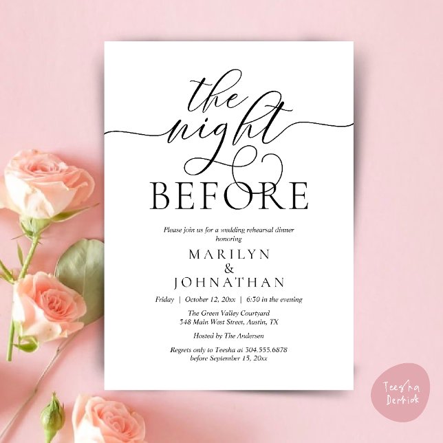The Night Before, Classy Wedding Rehearsal Dinner Invitation (The Night Before, Classy Romantic Wedding Rehearsal Dinner Party Invitation Card PDF in Black White)