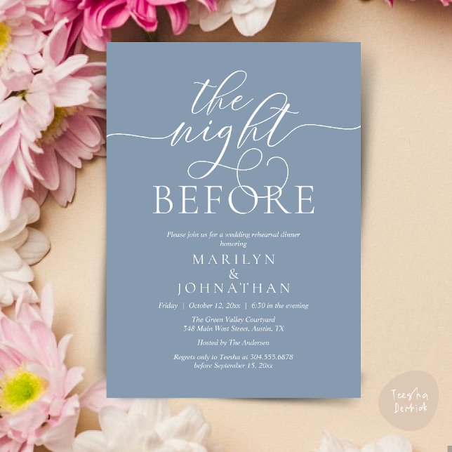 The Night Before, Classy Wedding Rehearsal Dinner Invitation (The Night Before, Classy Romantic Wedding Rehearsal Dinner Party Invitation Card PDF in Dusty Blue)