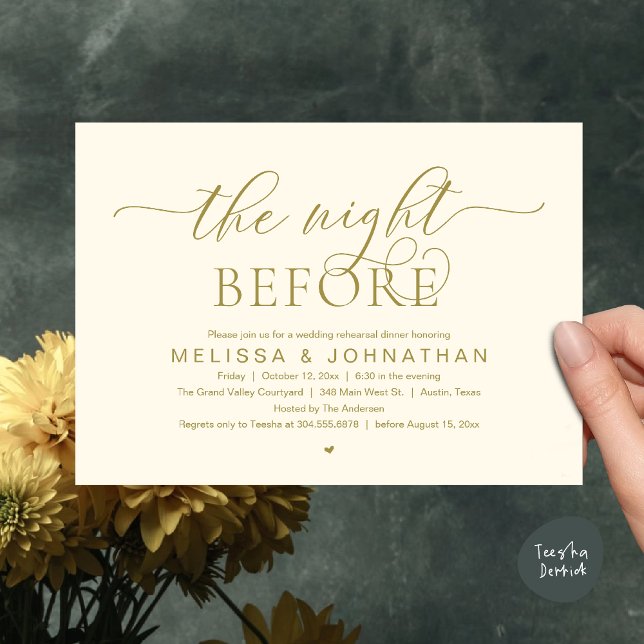The Night Before, Classy Wedding Rehearsal Dinner Invitation (The Night Before, Classy Wedding Rehearsal Dinner Invitation card PDF Modern aesthetic Yellow Gold)