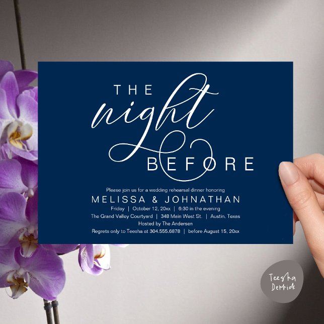 The Night Before, Classy Wedding Rehearsal Dinner Invitation (The Night Before, Classy Romantic Wedding Rehearsal Dinner Invitation Card PDF Modern Navy Blue)