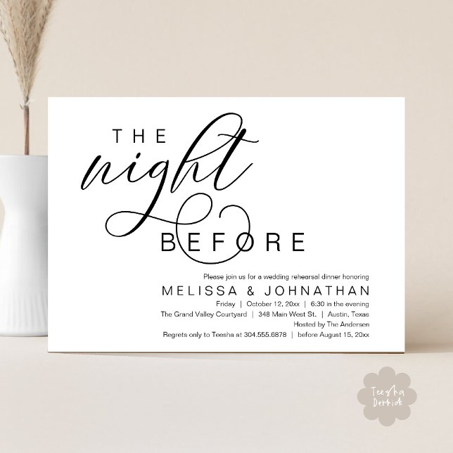The Night Before, Classy Wedding Rehearsal Dinner Invitation (The Night Before, Classy Romantic Wedding Rehearsal Dinner Invitation Card PDF Modern White Black)