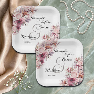 The night before Dusty Pink Boho Floral Wedding Paper Plate