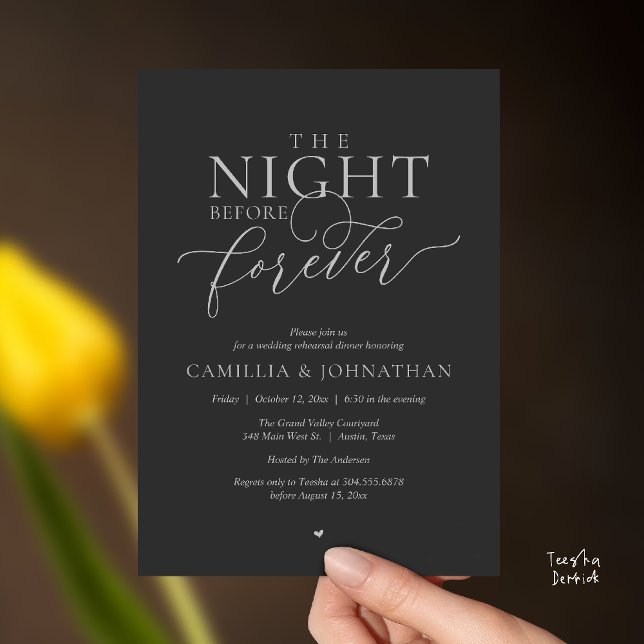 “The Night Before Forever” Charcoal Gray Silver   Invitation (“The Night Before Forever” Charcoal Gray and silver Rehearsal Invitation Card)