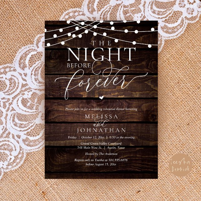 The Night Before Forever Romantic Rehearsal Dinner Invitation (The Night Before Forever Romantic Rehearsal Dinner Invitation Card Brown Wood String Lights)
