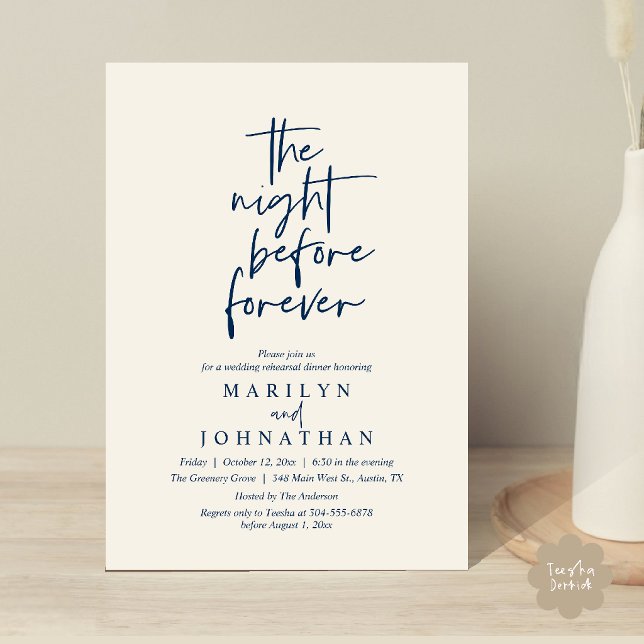 The Night Before Forever, Wedding Rehearsal Dinner Invitation (The Night Before Forever, Modern Minimal Wedding Rehearsal Dinner Invitation Card in Navy Blue Ivory)