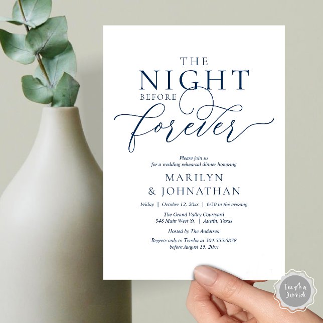 The Night Before Forever, Wedding Rehearsal Dinner Invitation (The Night Before Forever Wedding Rehearsal Dinner Romantic Classy Invites Card PDF in Navy Blue)