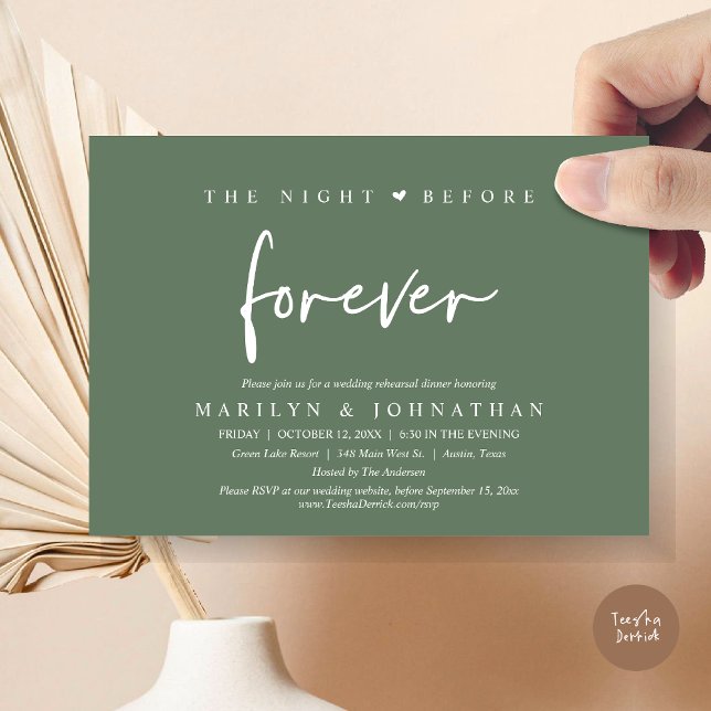 The Night Before Forever, Wedding Rehearsal Dinner Invitation (The Night Before Forever, Modern Wedding Rehearsal Dinner Invitation Card, PDF, in Forest Sage Green)