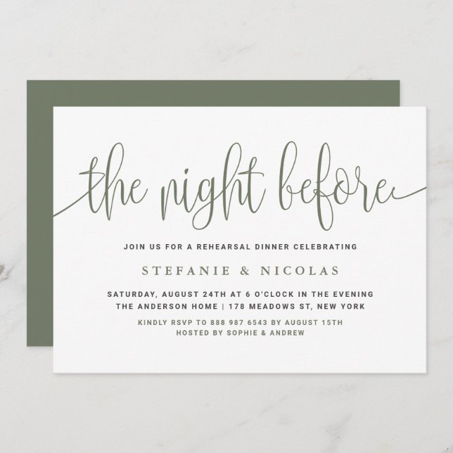 The Night Before Green Script Rehearsal Dinner Invitation (Front/Back)