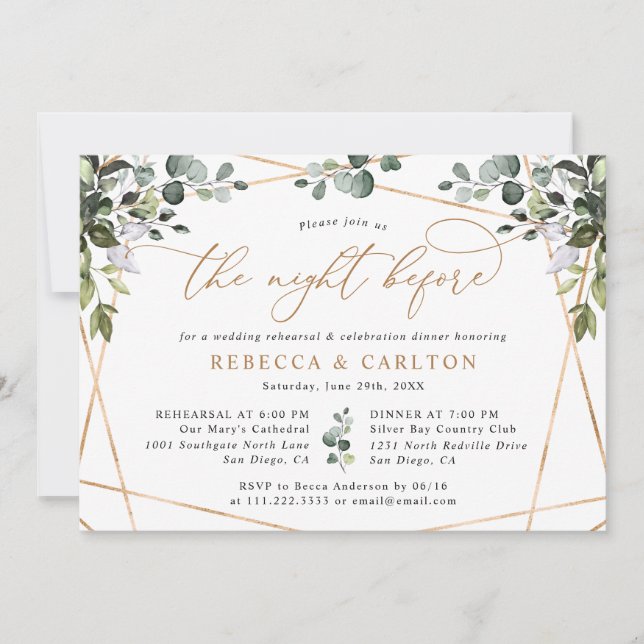 The Night Before Greenery Gold Rehearsal Dinner Invitation (Front)