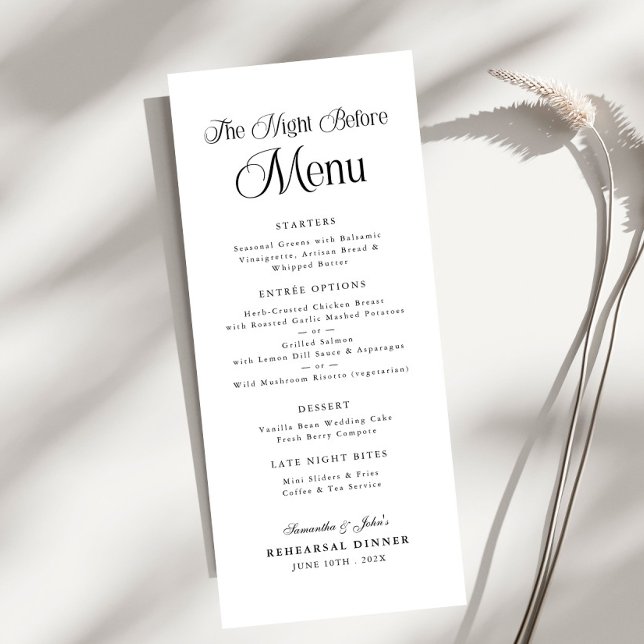 The Night Before Modern Elegant Rehearsal Dinner Menu (Creator Uploaded)
