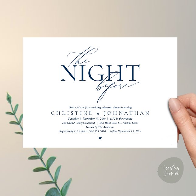 The Night Before, Modern Wedding Rehearsal Dinner  Invitation (The Night Before, Modern Wedding Rehearsal Dinner Invitation Card in Navy Blue)