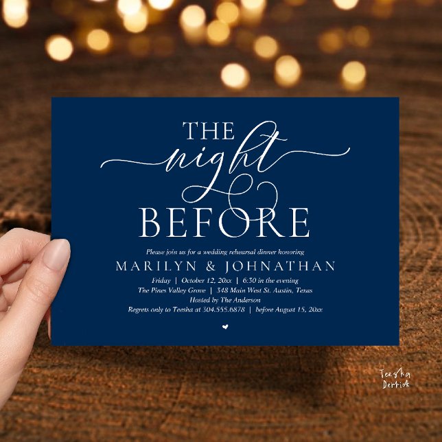The Night Before, Modern Wedding Rehearsal Dinner Invitation (The Night Before, Modern Romantic Classy Wedding Rehearsal Dinner Invitation Card in navy blue)