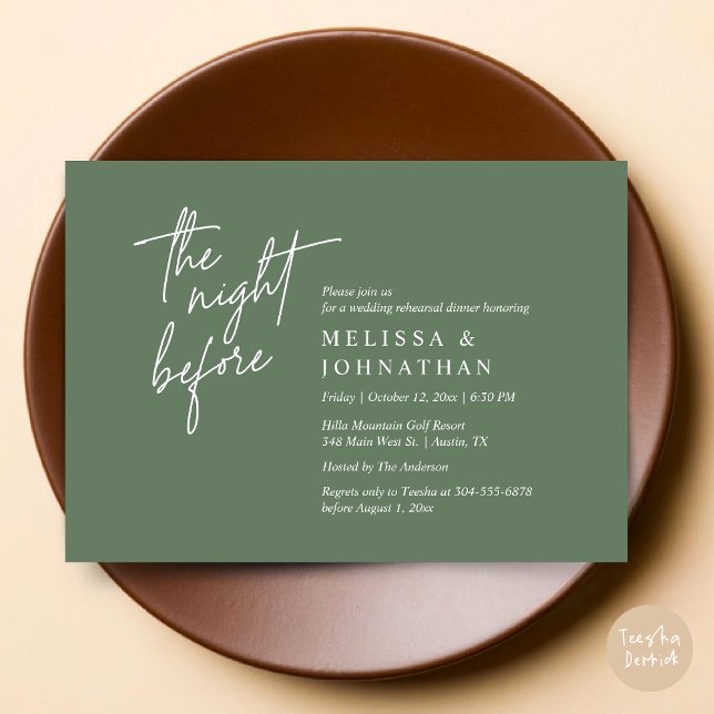 The Night Before, Modern Wedding Rehearsal Dinner Invitation (The Night Before, Modern Wedding Rehearsal Dinner Modern Invitation Card, PDF, in Forest Sage Green)
