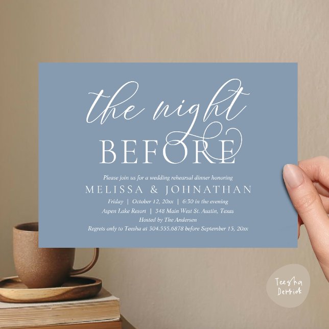 The Night Before, Modern Wedding Rehearsal Dinner  Invitation (The Night Before, Modern Wedding Rehearsal Dinner Invitation Card, PDF, Classy Elegant, Dusty Blue)