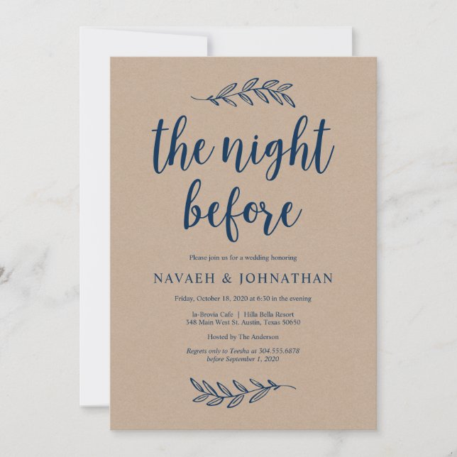 The night before, Navy Blue Kraft Rehearsal Dinner Invitation (Front)