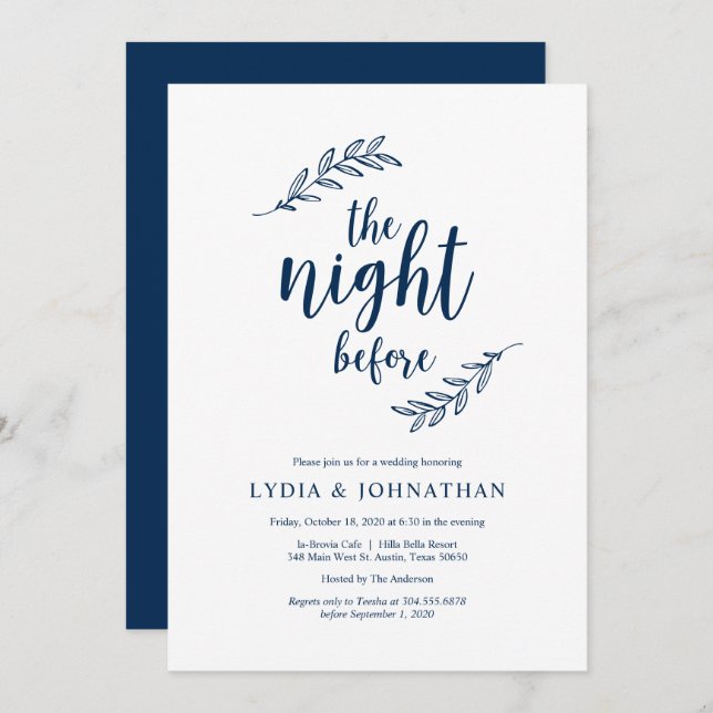 The night before, Navy Blue, Rehearsal Dinner Invitation (Front/Back)