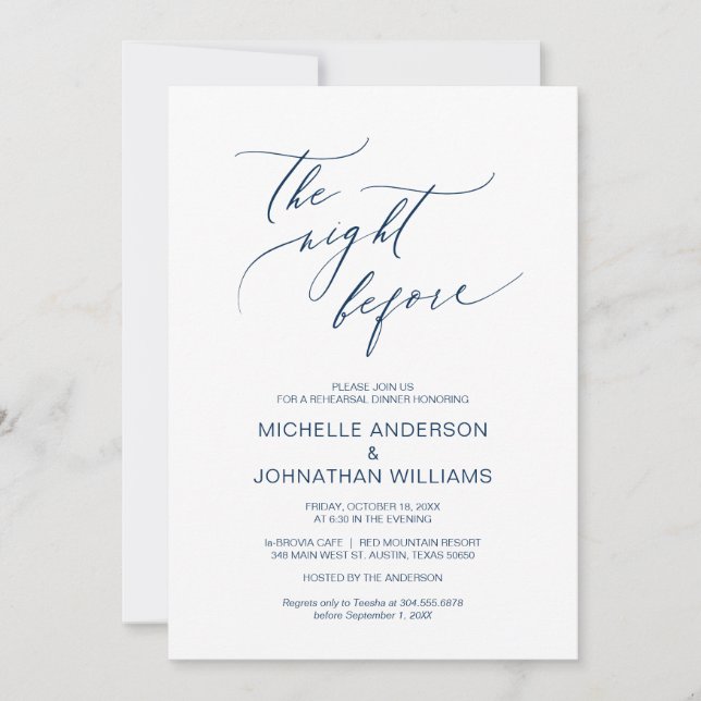 The Night Before, Navy Blue, Rehearsal Dinner Invitation (Front)