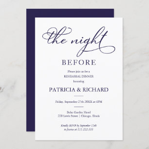 The Night Before Navy Blue Script Rehearsal Dinner Invitation
