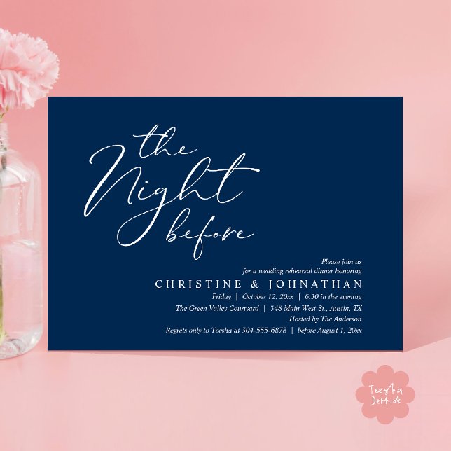 The Night Before Romantic Wedding Rehearsal Dinner Invitation (The Night Before Romantic Wedding Modern Rehearsal Dinner Invites Card Hosted Parents Navy Blue)