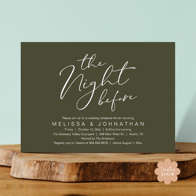 The Night Before Romantic Wedding Rehearsal Dinner Invitation (The Night Before Romantic Modern Wedding Rehearsal Dinner Aesthetic Invites PDF Classy Olive Green)