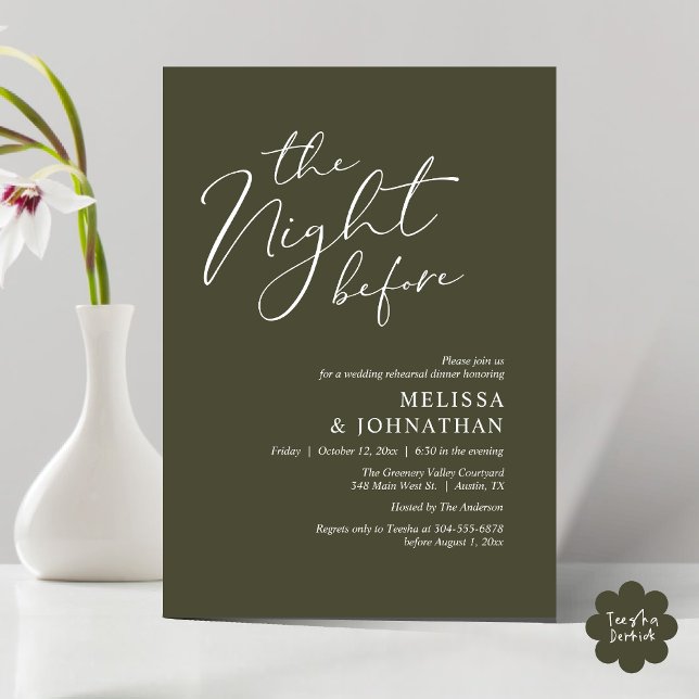 The Night Before Romantic Wedding Rehearsal Dinner Invitation (The Night Before Romantic Modern Wedding Rehearsal Dinner Aesthetic Invites PDF Classy Olive Green)