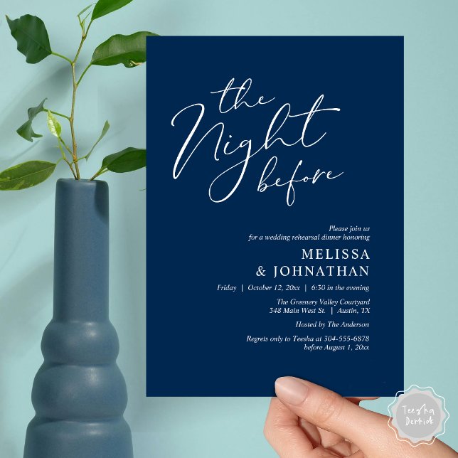 The Night Before Romantic Wedding Rehearsal Dinner Invitation (The Night Before Romantic Modern Wedding Rehearsal Dinner Aesthetic Invites PDF Classy Navy Blue)