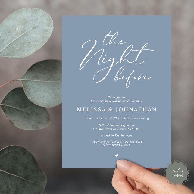The Night Before Romantic Wedding Rehearsal Dinner Invitation (Classy Romance, The Night Before Wedding Rehearsal Dinner Invitation Card, PDF, in Dusty Blue)