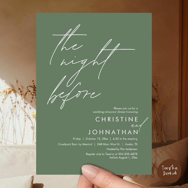 The Night Before Romantic Wedding Rehearsal Dinner Invitation (The Night Before Romantic Wedding Rehearsal Dinner Invitation Card, PDF, in Forest Sage Green)