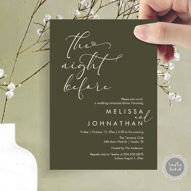 The Night Before Romantic Wedding Rehearsal Dinner Invitation (The Night Before, Romantic Wedding Rehearsal Dinner Invitation Card, PDF, Olive green)