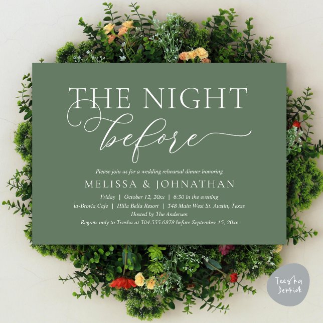 The Night Before Romantic Wedding Rehearsal Dinner Invitation (The Night Before, Romantic Wedding Rehearsal Dinner Invitation Card, PDF, Forest Sage Green)