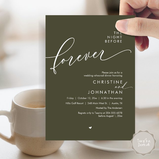 The Night Before Romantic Wedding Rehearsal Dinner Invitation (Modern Romantic The Night Before Forever, Wedding Rehearsal Dinner Invitation Card, PDF, Olive Green)
