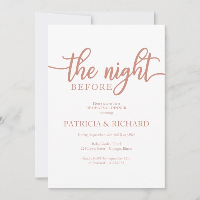 The Night Before Simple Rose Gold Rehearsal Dinner Invitation (Front)
