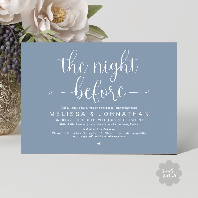 The Night Before, Wedding Rehearsal Dinner Invitat Invitation (The Night Before, Wedding Rehearsal Dinner Romantic Party Invitation Card Heart PDF Dusty Blue)