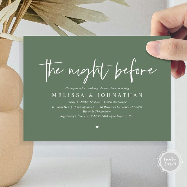 The Night Before, Wedding Rehearsal Dinner Invitation (The Night Before, Wedding Rehearsal Dinner Invitation Card, Modern Casual Script, in sage green)