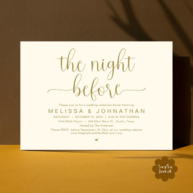 The Night Before, Wedding Rehearsal Dinner Invitation (The Night Before, Wedding Rehearsal Dinner Romantic Party Invitation Card Heart PDF Yellow Gold)