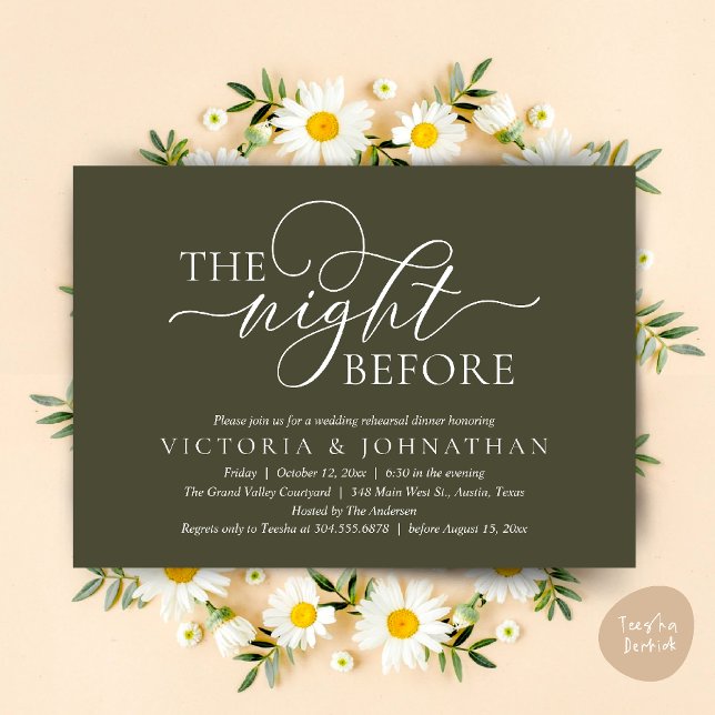 The Night Before, Wedding Rehearsal Dinner Party Invitation (The Night Before, Wedding Rehearsal Dinner Party Classy Romantic Invitation Card PDF Olive Green)