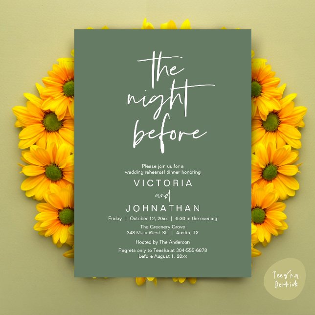 The Night Before, Wedding Rehearsal Dinner Party Invitation (The Night Before, Wedding Rehearsal Dinner Party Invites Card PDF Romantic Modern Casual Sage Green)