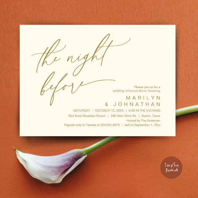 The Night Before, Wedding Rehearsal Dinner Party Invitation (The Night Before, Romantic Modern Wedding Rehearsal Dinner Party Invitation Card PDF Yellow Gold)