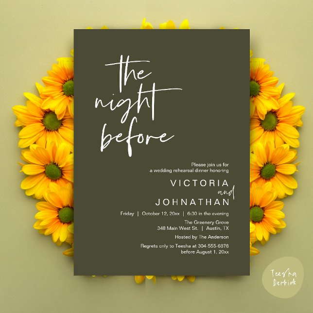 The Night Before, Wedding Rehearsal Party Dinner Invitation (The Night Before, Wedding Rehearsal Dinner Party Invites Card PDF Romantic Modern Casual Olive Green)
