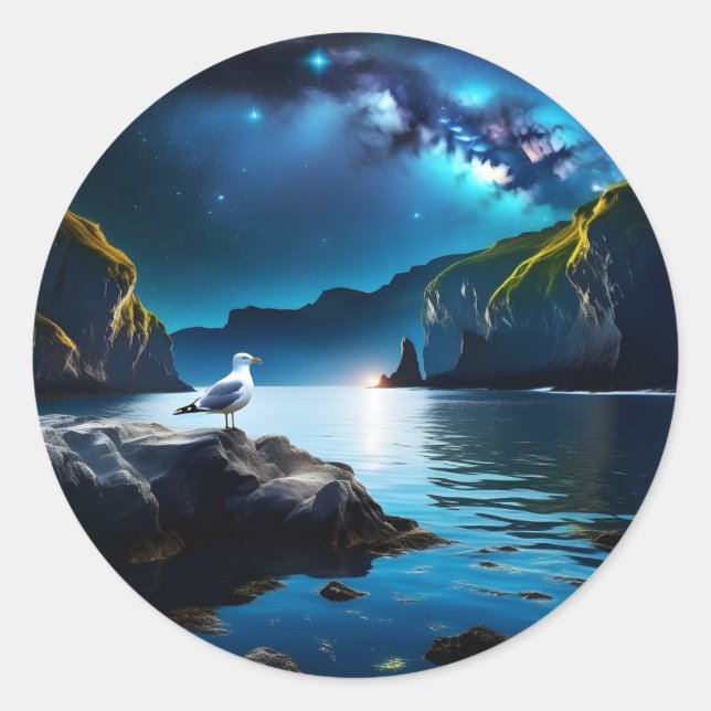 The night sky above the water is full of stars, ne classic round sticker (Front)
